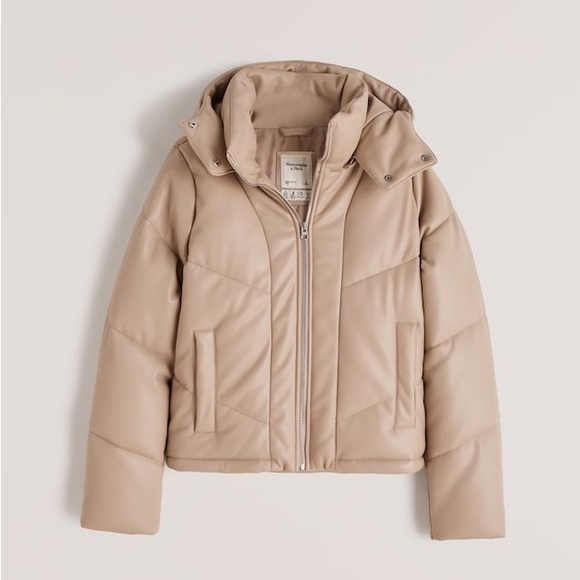 NWT Abercrombie & Fitch Vegan Leather Hooded Crop Puffer Jacket - Picture 1 of 11